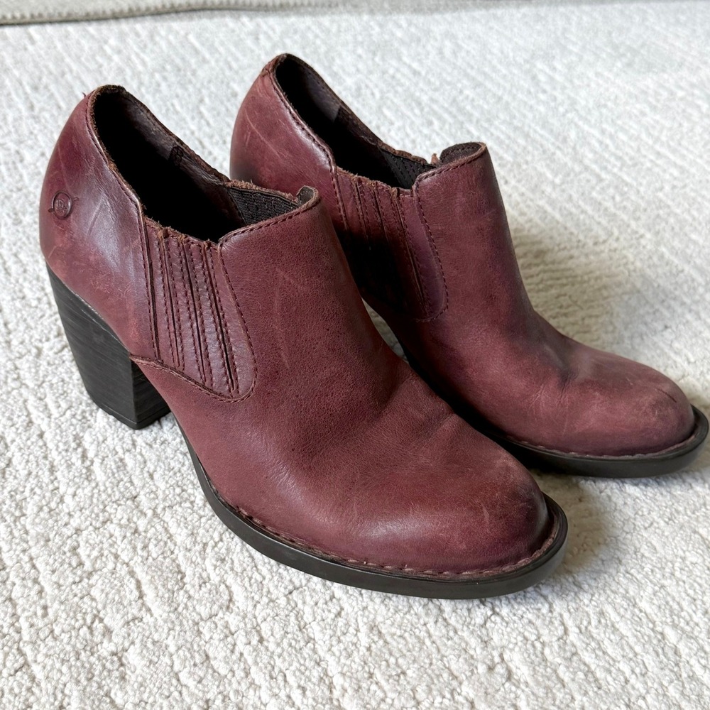 Born Burgundy Leather Ankle Boots Shooties Block Heel Womens 7.5M‎ Western Boho